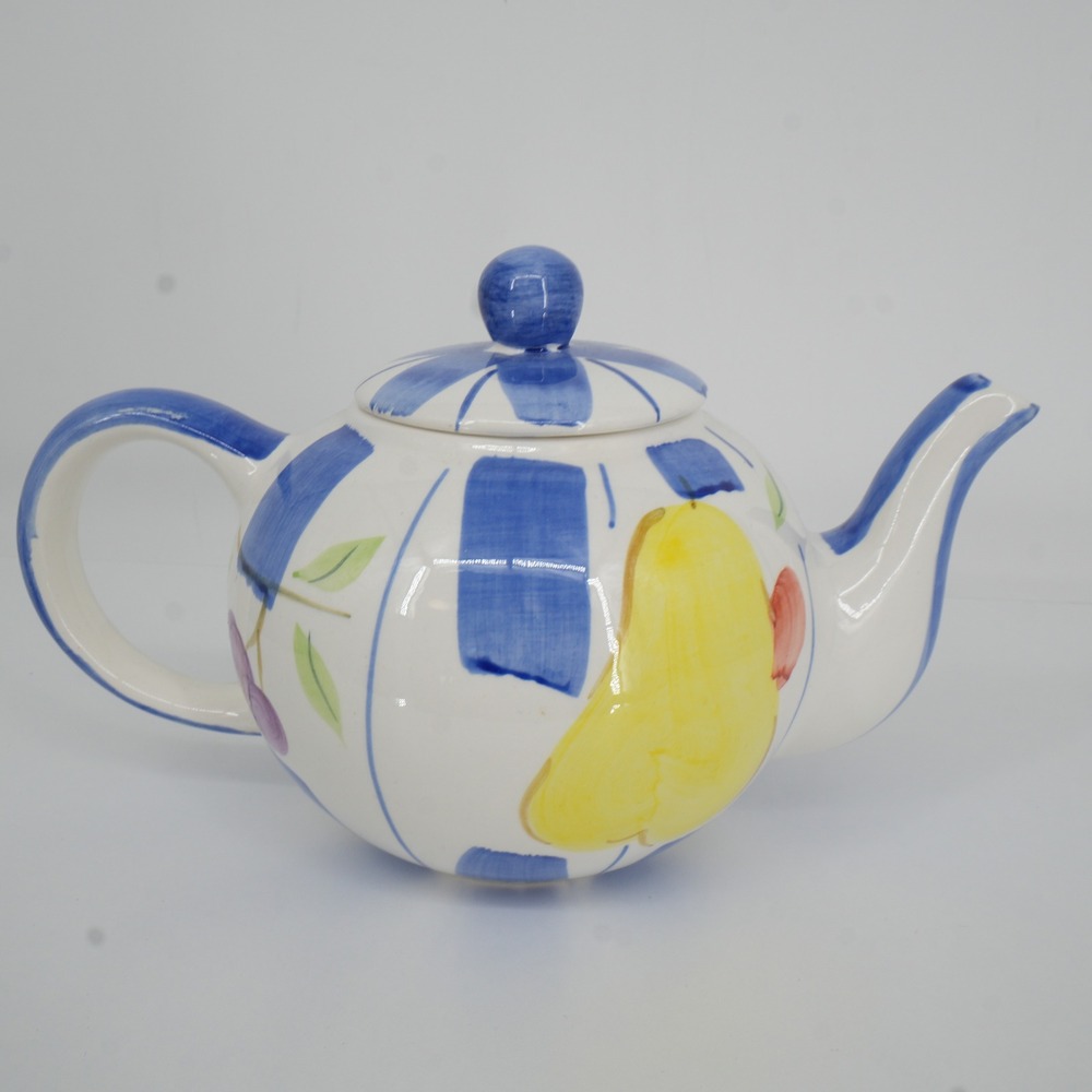 Heritage Mint Harvest Teapot Large White Blue Fruit Striped Ceramic Decor